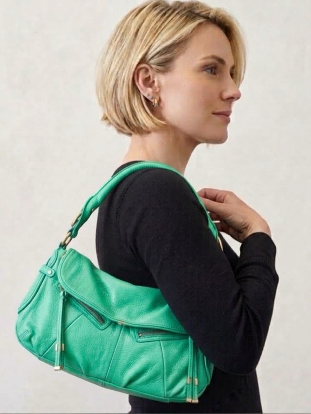 B.Makowsky Green Bright Genuine Leather And Leopard Lined Bag
